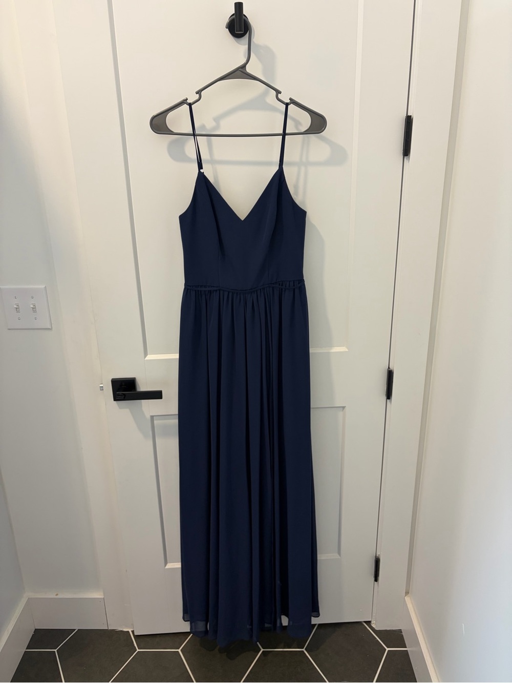 David's Bridal Navy Spaghetti-Strap V-Neck Bridesmaid Dress